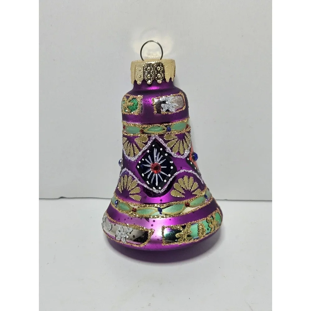 Set of 2 Polish Blown Glass Christmas Ornaments Red Ball Purple Bell Glitter Vtg